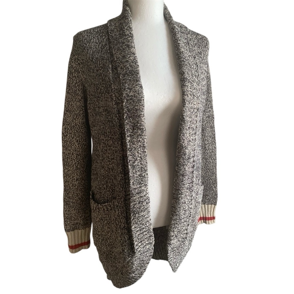 Roots Cabin Sweater Coat 3/4 Length Shawl Salt Pepper Knit Taupe, Red Cuff XS - Picture 3 of 12